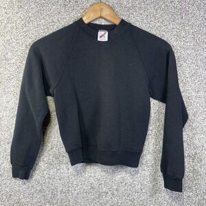 Vintage Jerzees Sweatshirt Kids 10-12 Black Fleece Raglan Crewneck Pullover USA